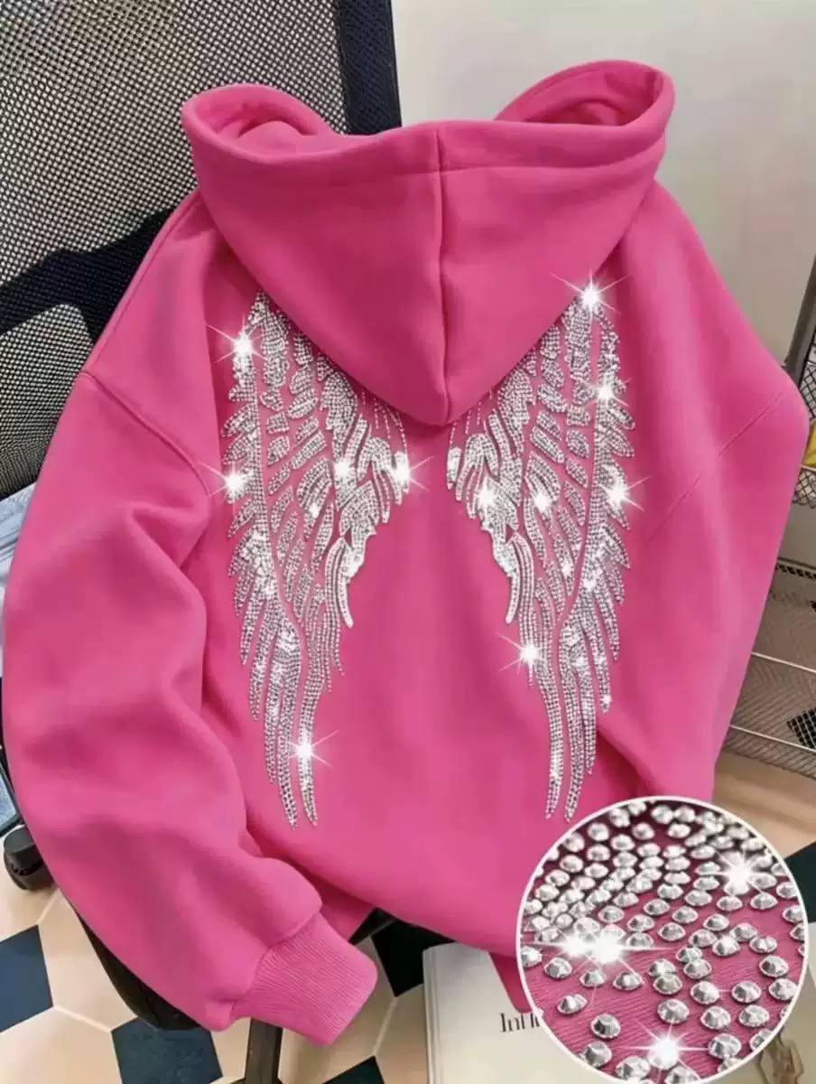 Rhinestone Angel Wing Hoodie – Casual Pullover with Sparkling Crystal Detail