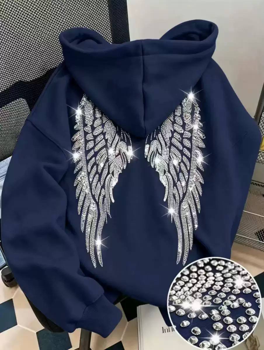 Rhinestone Angel Wing Hoodie – Casual Pullover with Sparkling Crystal Detail