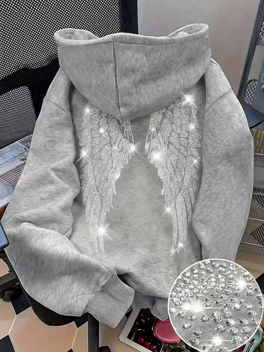 Rhinestone Angel Wing Hoodie – Casual Pullover with Sparkling Crystal Detail