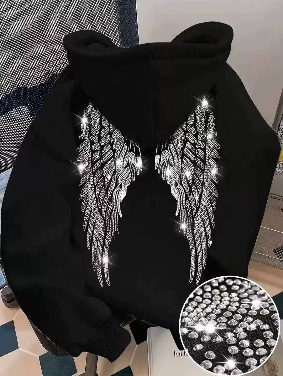 Rhinestone Angel Wing Hoodie – Casual Pullover with Sparkling Crystal Detail