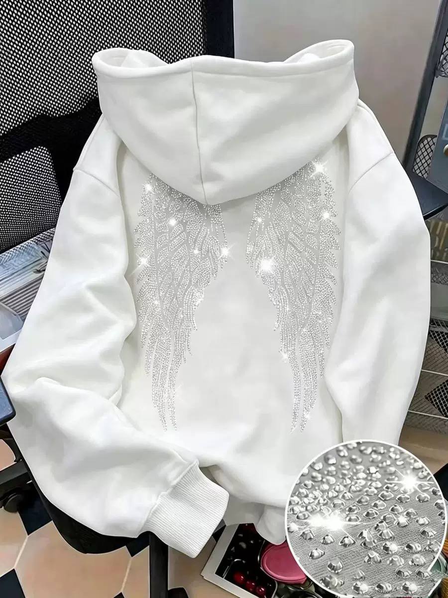 Rhinestone Angel Wing Hoodie – Casual Pullover with Sparkling Crystal Detail