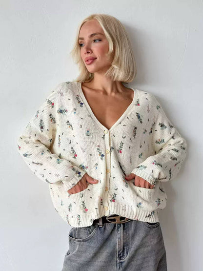 Floral Knit Cardigan – Relaxed V-Neck Button Up Sweater