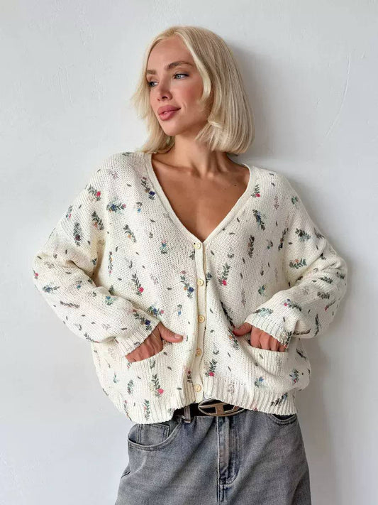 Floral Knit Cardigan – Relaxed V-Neck Button Up Sweater