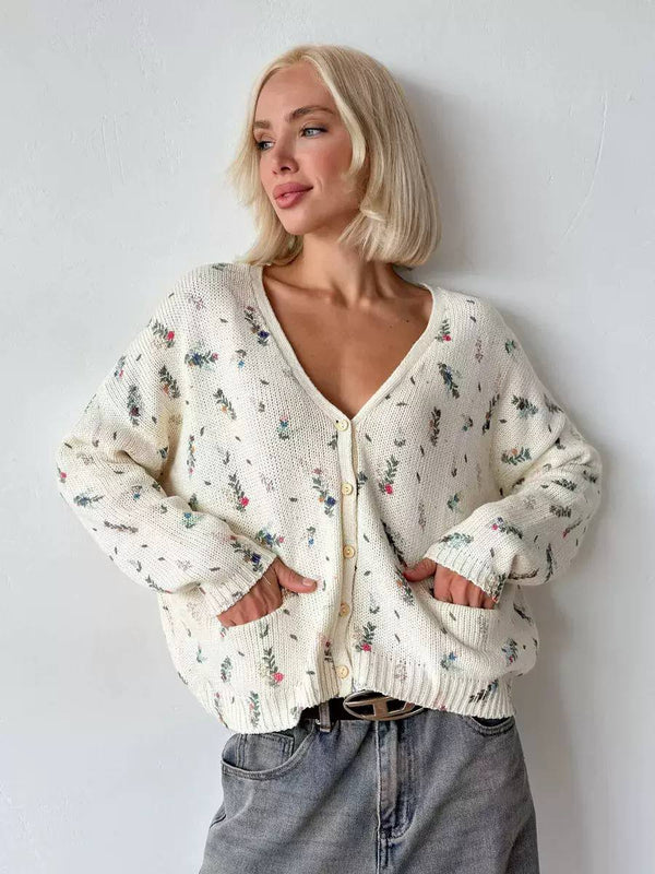 Floral Knit Cardigan – Relaxed V-Neck Button Up Sweater
