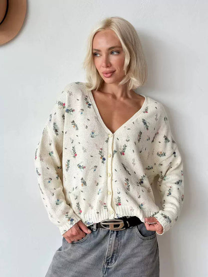 Floral Knit Cardigan – Relaxed V-Neck Button Up Sweater