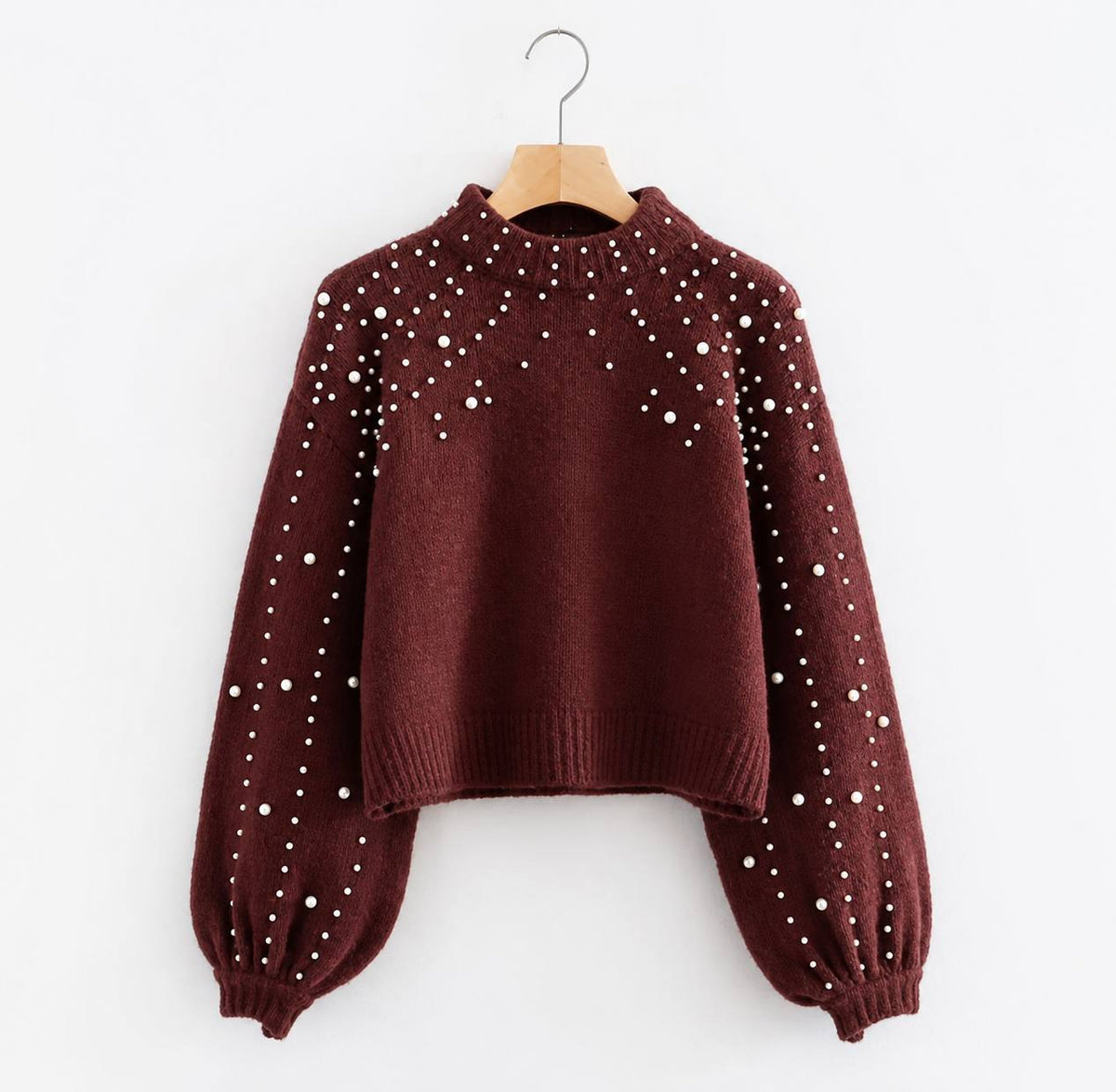 Women’s Pearl Embellished Balloon Sleeves Knit Sweater