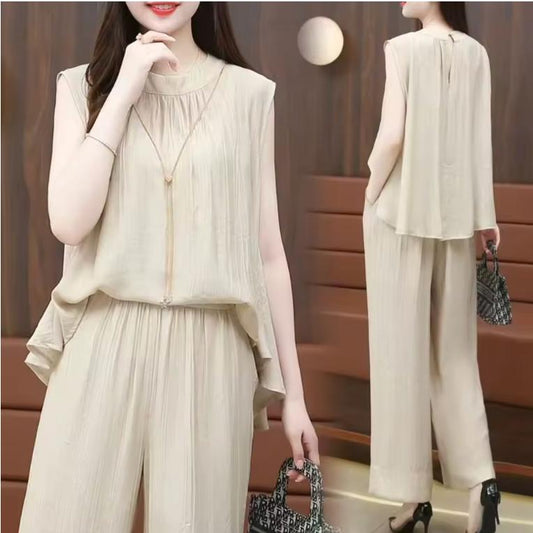 Sleeveless Wide Leg Set – Relaxed Fit High Waist Casual Set with Pockets