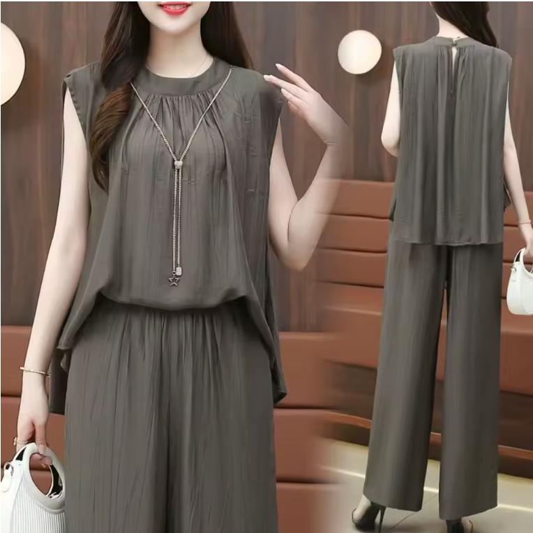 Sleeveless Wide Leg Set – Relaxed Fit High Waist Casual Set with Pockets