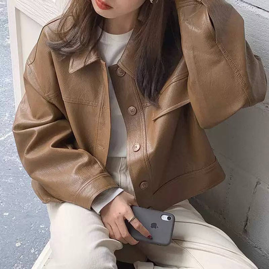 Cropped Leather Jacket with Collared Neck - Chest Pocket Detail & Relaxed Fit