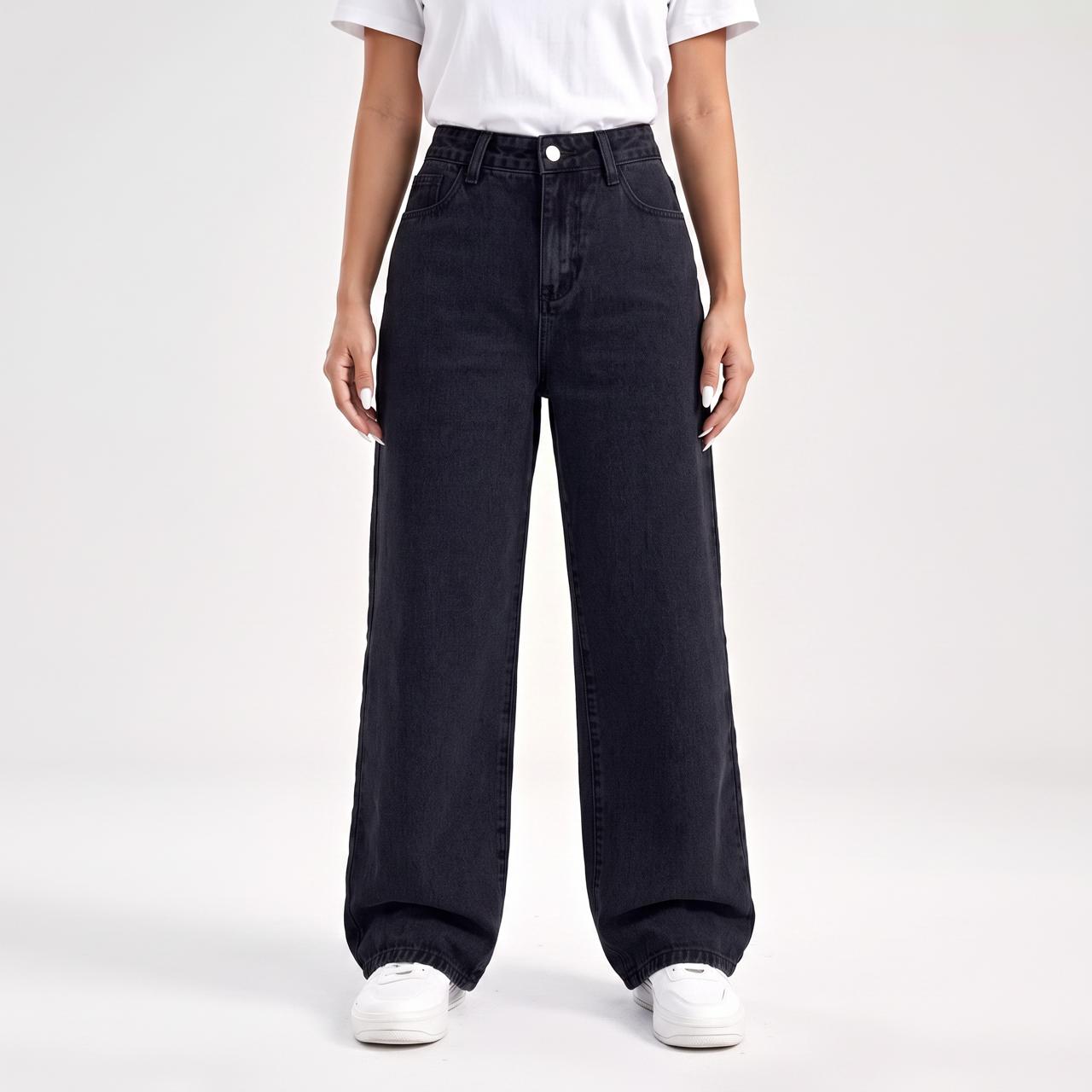 High Waist Wide Leg Washed Cotton Denim Jeans -  Relaxed Fit, Classic Pocket Design