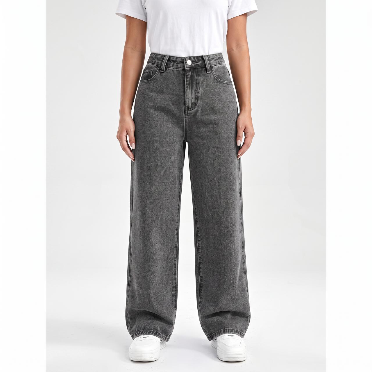 High Waist Wide Leg Washed Cotton Denim Jeans -  Relaxed Fit, Classic Pocket Design