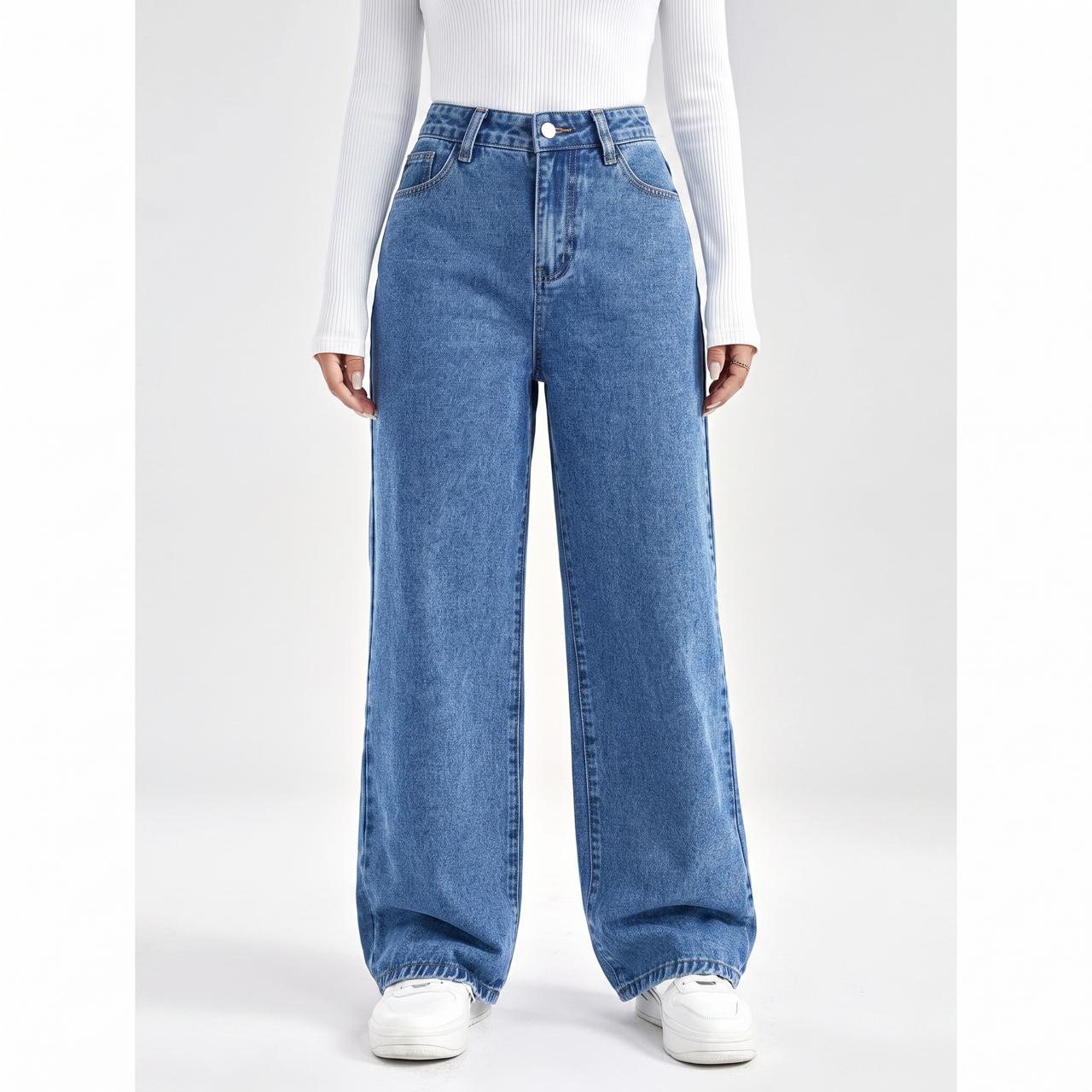High Waist Wide Leg Washed Cotton Denim Jeans -  Relaxed Fit, Classic Pocket Design