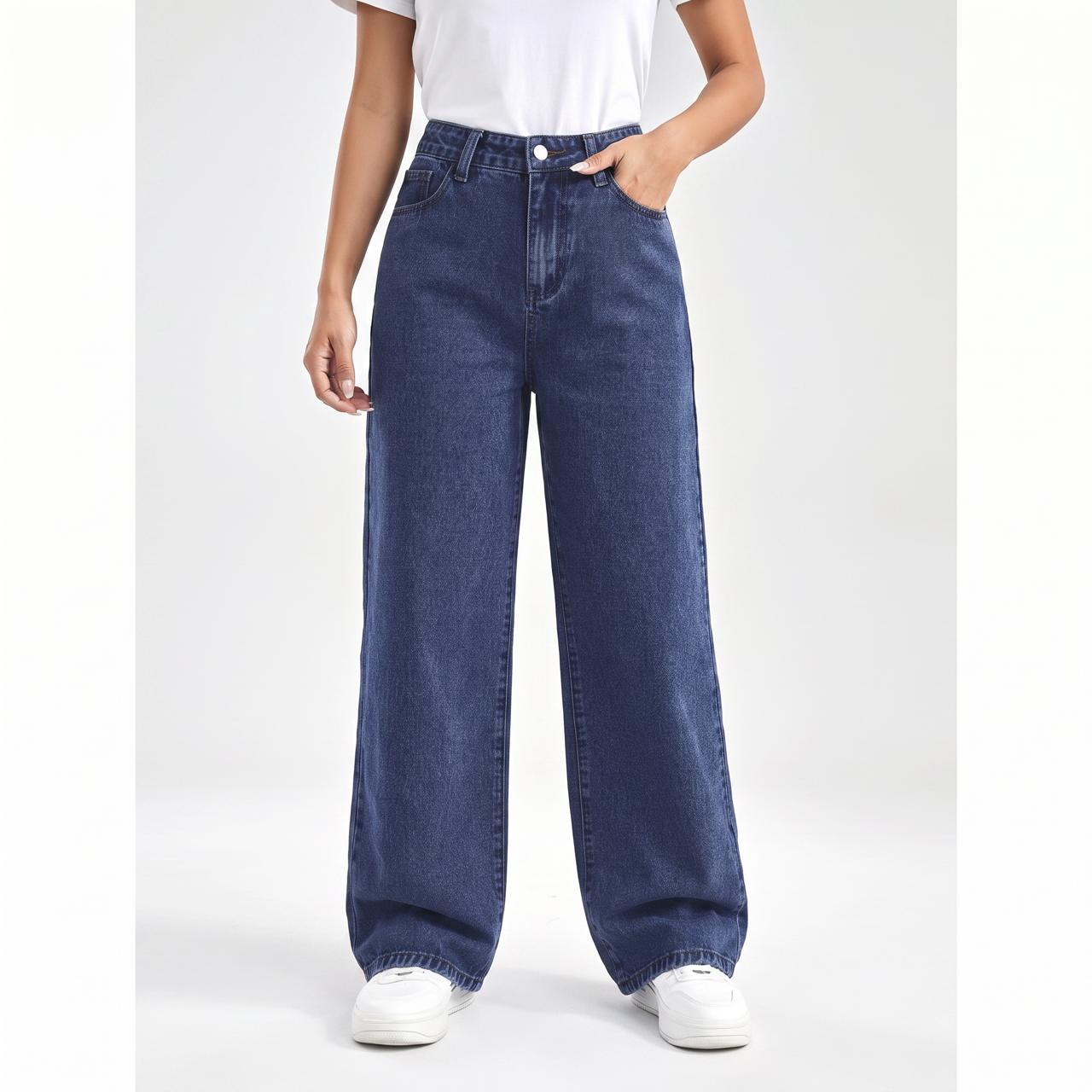 High Waist Wide Leg Washed Cotton Denim Jeans -  Relaxed Fit, Classic Pocket Design