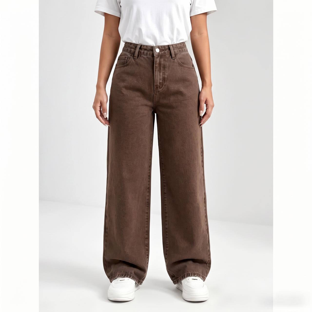 High Waist Wide Leg Washed Cotton Denim Jeans -  Relaxed Fit, Classic Pocket Design