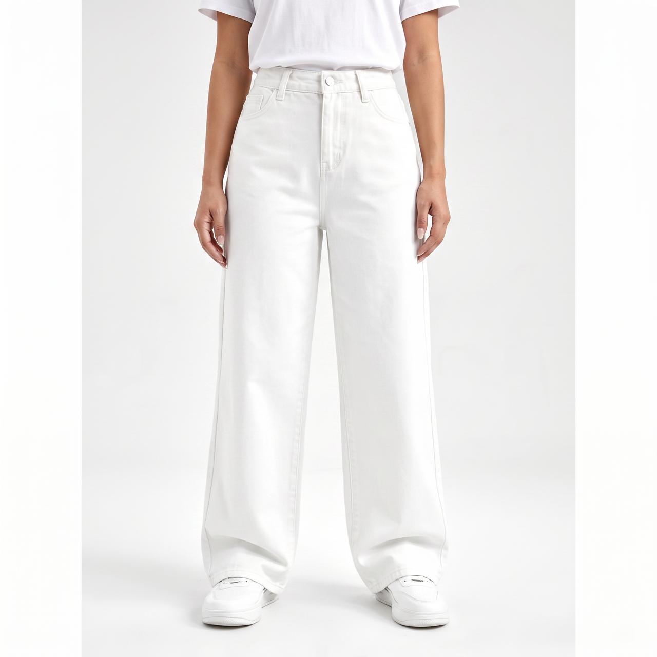 High Waist Wide Leg Washed Cotton Denim Jeans -  Relaxed Fit, Classic Pocket Design
