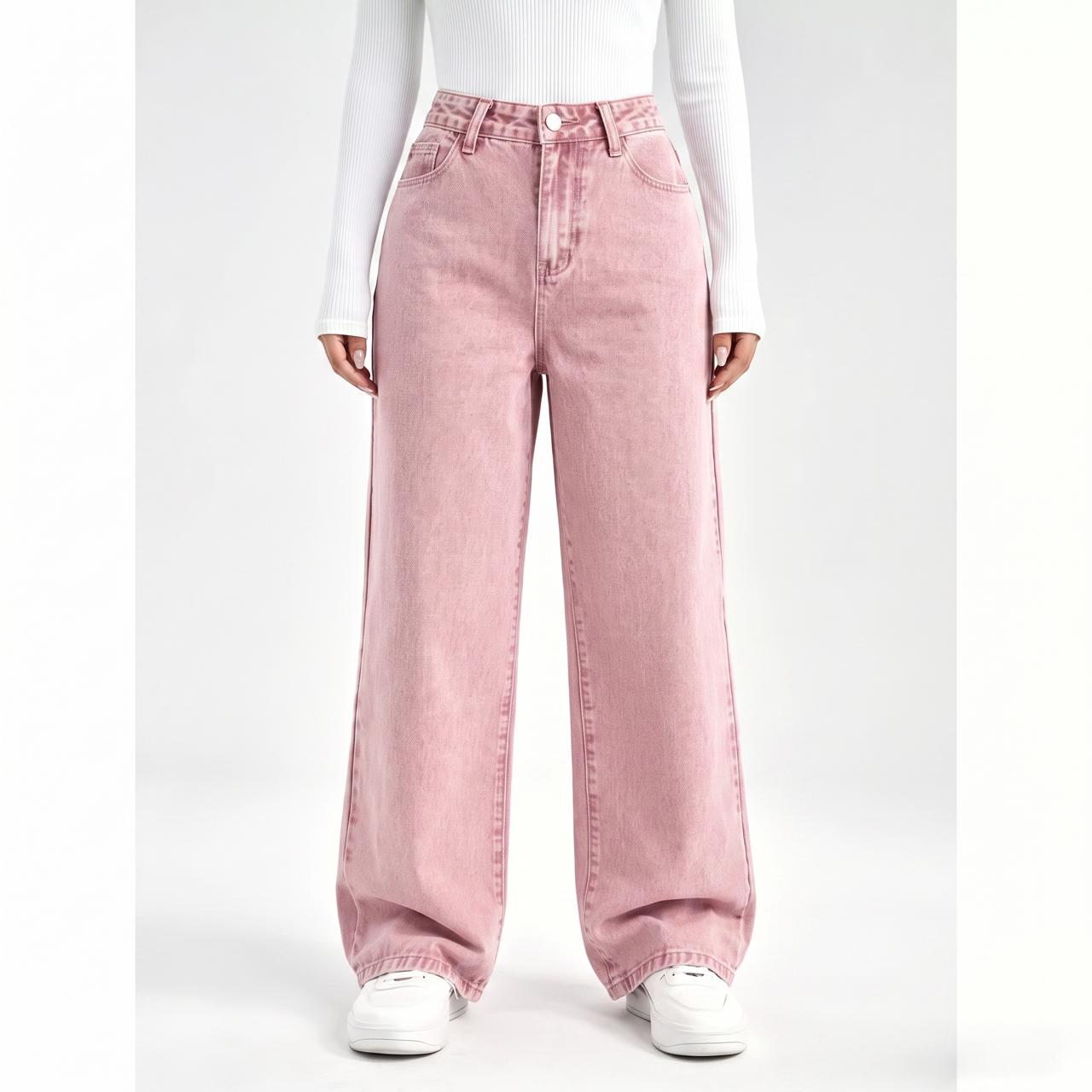 High Waist Wide Leg Washed Cotton Denim Jeans -  Relaxed Fit, Classic Pocket Design