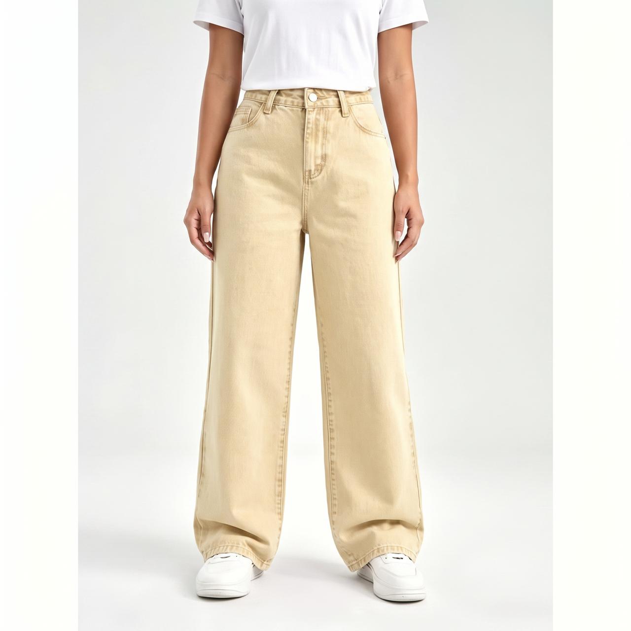 High Waist Wide Leg Washed Cotton Denim Jeans -  Relaxed Fit, Classic Pocket Design