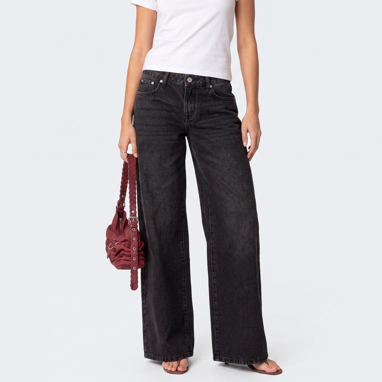 Low Rise Wide Leg Cotton Jeans - Bow Detail