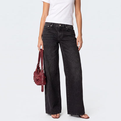 Low Rise Wide Leg Cotton Jeans - Bow Detail