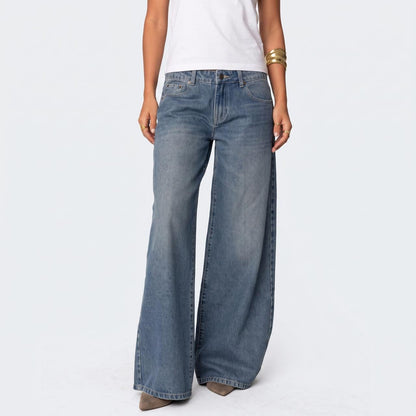 Low Rise Wide Leg Cotton Jeans - Bow Detail
