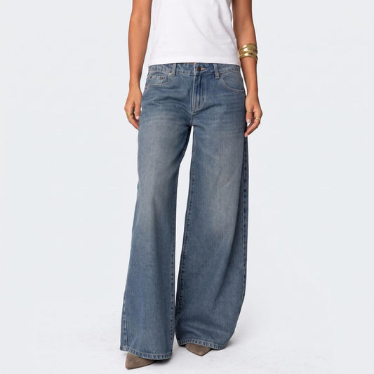 Low Rise Wide Leg Cotton Jeans - Bow Detail