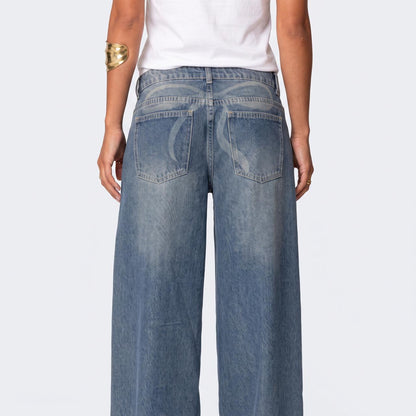 Low Rise Wide Leg Cotton Jeans - Bow Detail