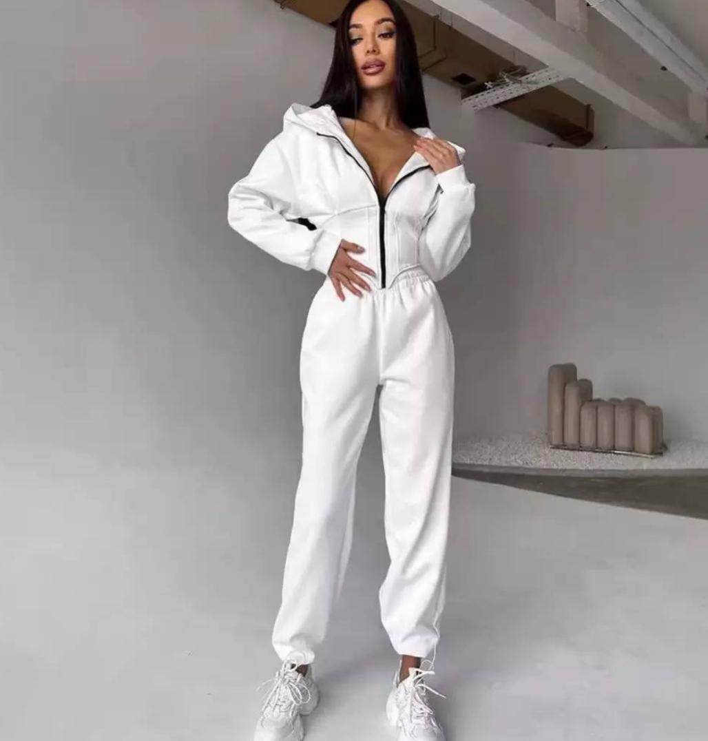 Women's Hooded Zip Up Sweatshirt Elastic Waist Set