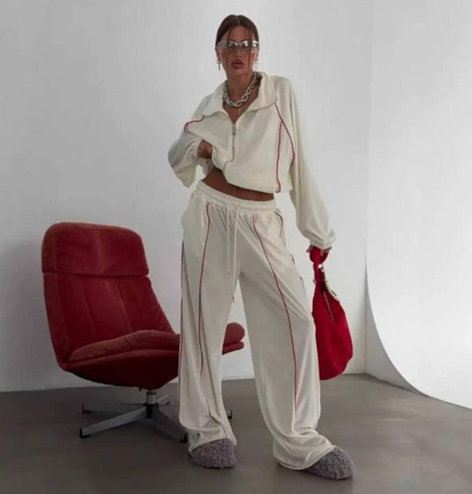 Women's Contrast Trim Zip Up Cropped Jacket Wide Leg Set