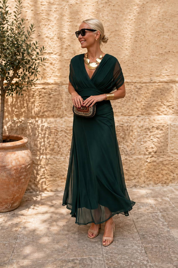 Chiffon Wrap Maxi Dress – Elegant V-Neck Dress with Relaxed Flowing Fit