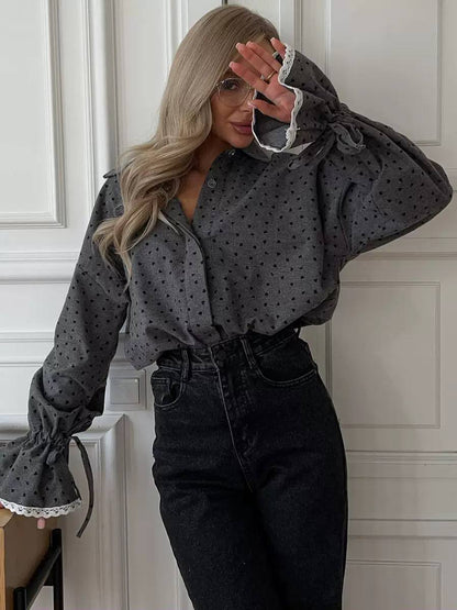 Women's Relaxed Heart Print Lace Trim Bell Sleeve Blouse