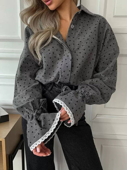 Women's Relaxed Heart Print Lace Trim Bell Sleeve Blouse