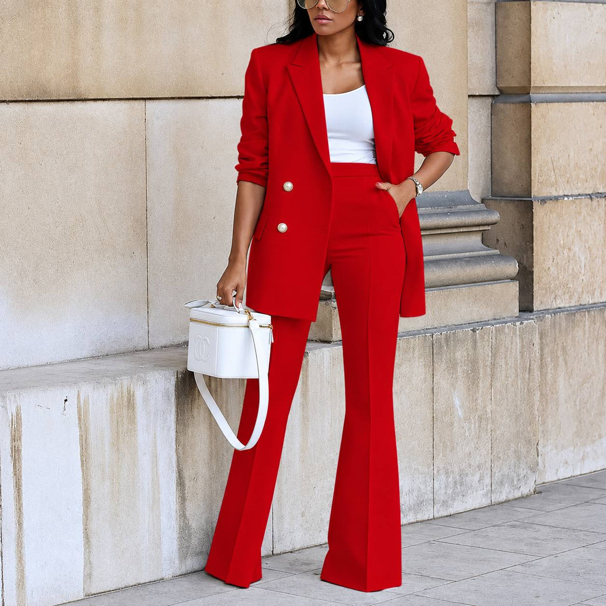 Women's Tailored Double-Breasted Blazer & Flared Trousers Two-Piece Suit Set - White