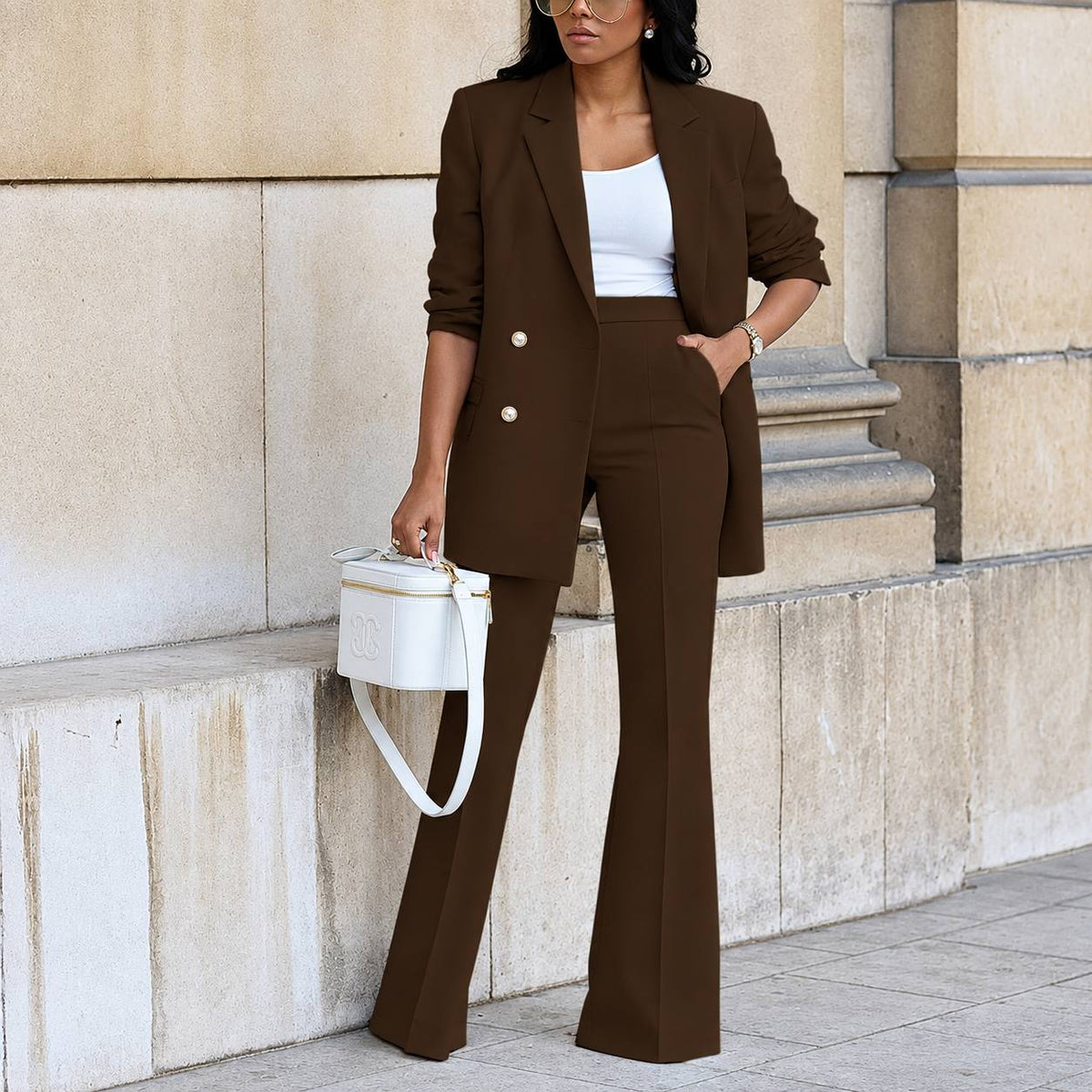 Women's Tailored Double-Breasted Blazer & Flared Trousers Two-Piece Suit Set - Brown