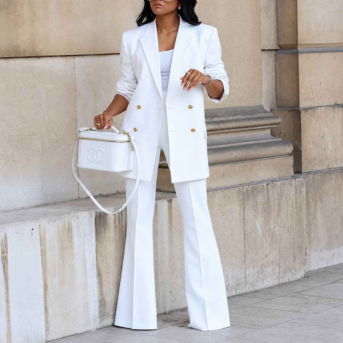 Women's Tailored Double-Breasted Blazer & Flared Trousers Two-Piece Suit Set - Red