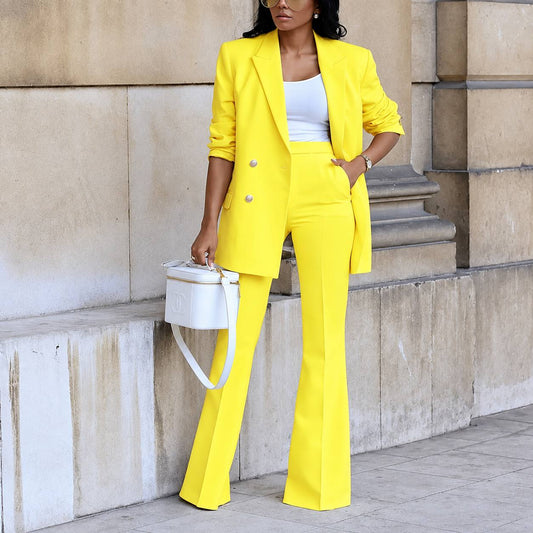 Women's Tailored Double-Breasted Blazer & Flared Trousers Two-Piece Suit Set - Yellow