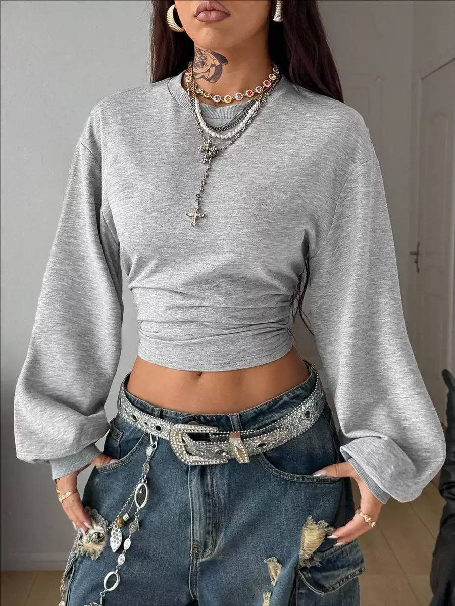 Women's Ruched Waist Balloon Sleeve Cropped Top