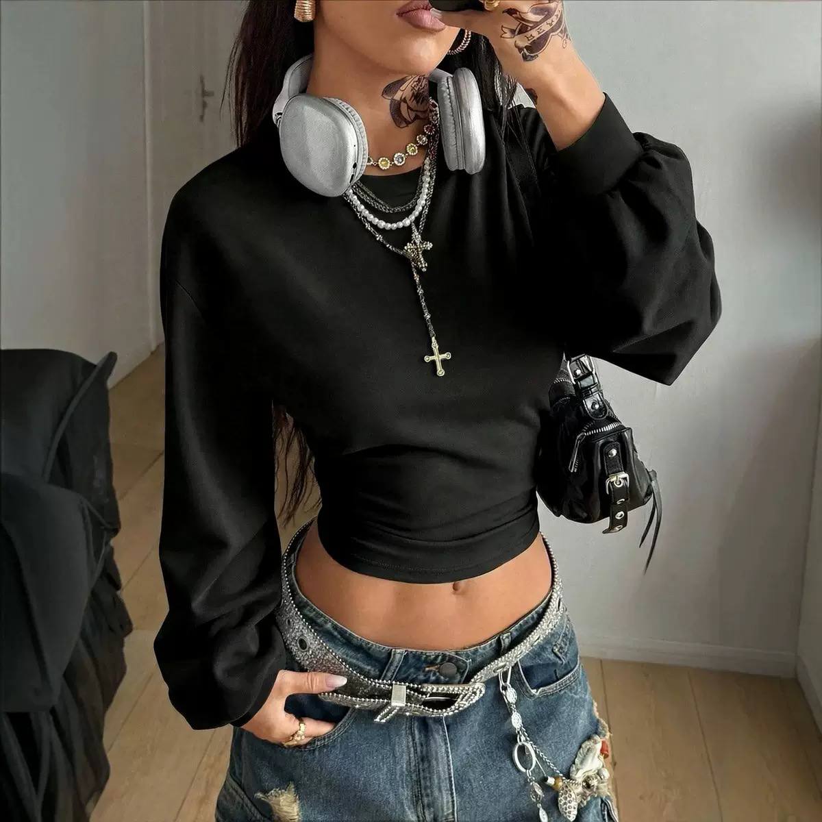 Women's Ruched Waist Balloon Sleeve Cropped Top