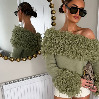 Women's Textured Fringe Off-Shoulder Knit Sweater