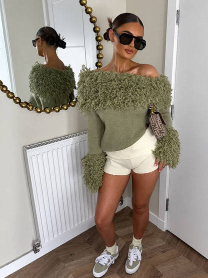 Women's Textured Fringe Off-Shoulder Knit Sweater