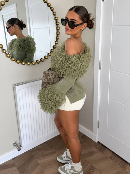Women's Textured Fringe Off-Shoulder Knit Sweater