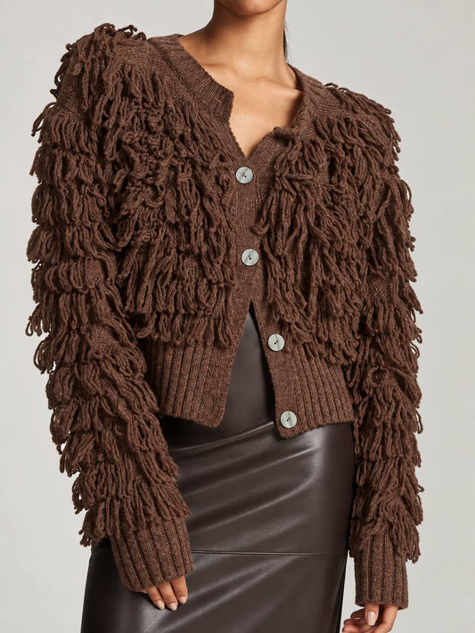 Women's Textured Fringe Button-Front Knit Cardigan