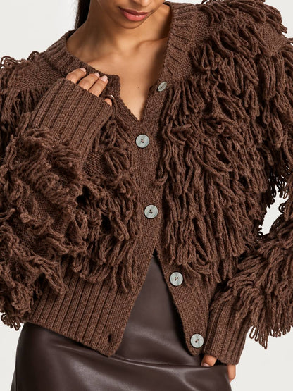 Women's Textured Fringe Button-Front Knit Cardigan