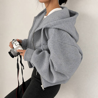 Women's Oversized Zip-Up Hooded Sweatshirt with Balloon Sleeves