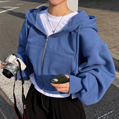 Women's Oversized Zip-Up Hooded Sweatshirt with Balloon Sleeves