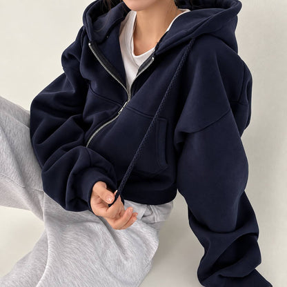 Women's Oversized Zip-Up Hooded Sweatshirt with Balloon Sleeves