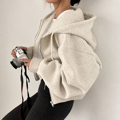 Women's Oversized Zip-Up Hooded Sweatshirt with Balloon Sleeves