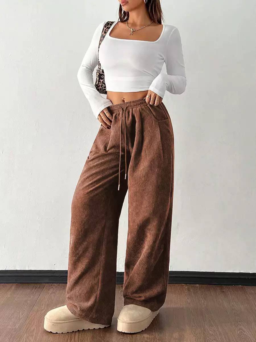 Women's Drawstring Wide-Leg Corduroy Trousers – Brown