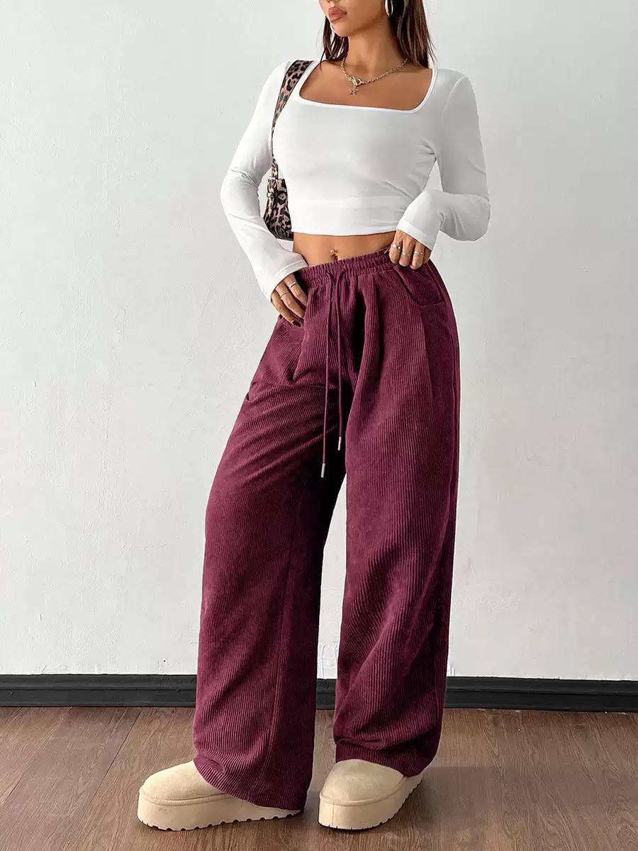 Women's Drawstring Wide-Leg Corduroy Trousers – Burgundy