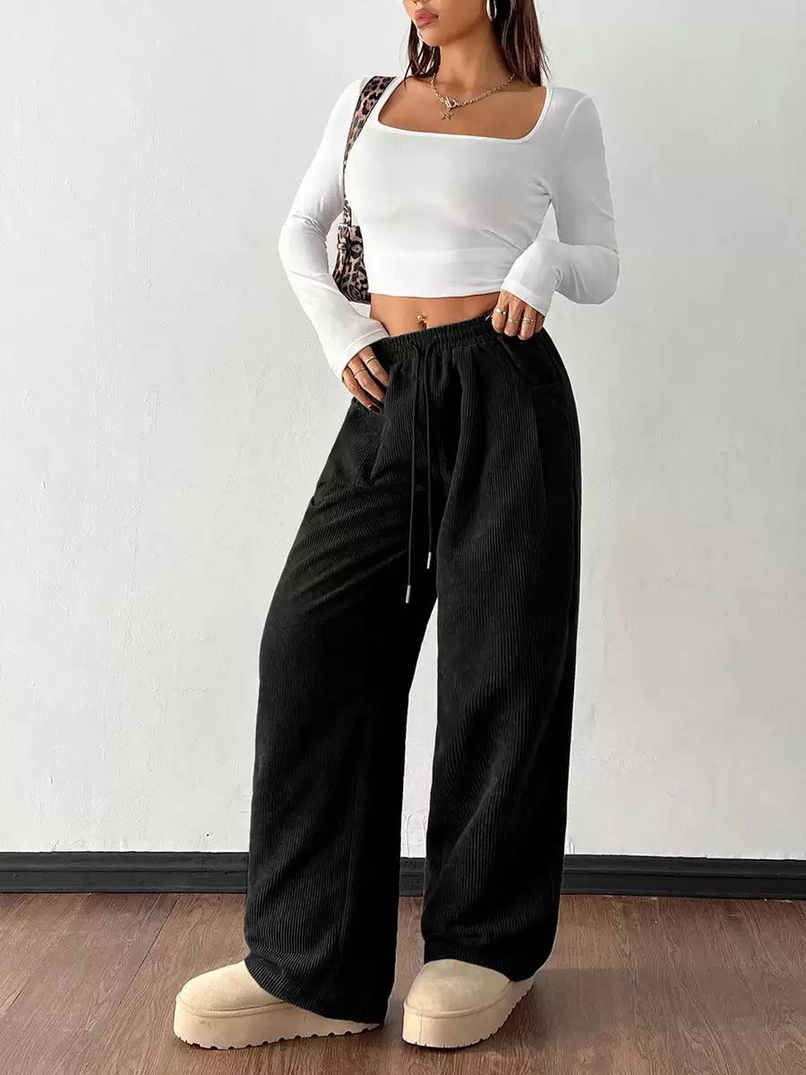 Women's Drawstring Wide-Leg Corduroy Trousers – Black