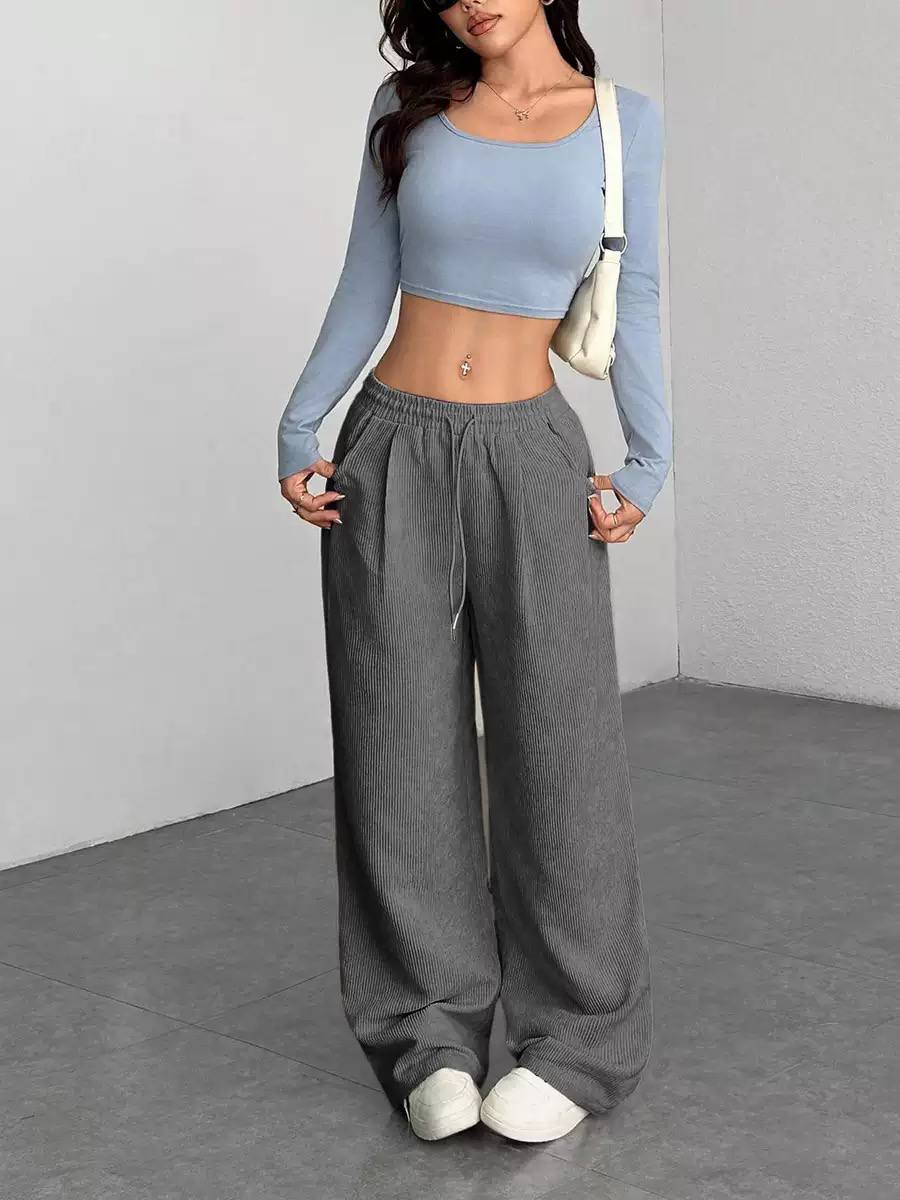 Women's Drawstring Wide-Leg Corduroy Trousers – Grey
